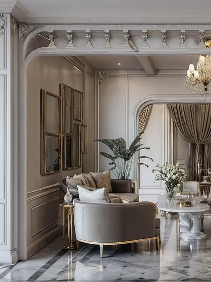 In this classical living room, every detail contributes to an atmosphere of refined elegance. I used curved sofas, a marble center table, and gold-framed mirrors to create a space that feels both grand and intimately comfortable, perfect for hosting guests.