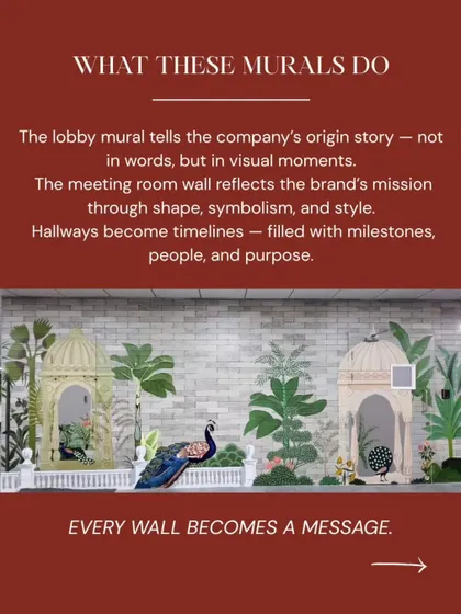 A mural can turn any wall into a message. A lobby mural can tell your origin story, a meeting room can reflect your mission, and hallways can become timelines of your company's milestones.