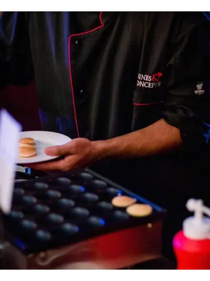 Our live pancake station, where a chef prepares mini pancakes, a delightful option for brunches or as a sweet treat.