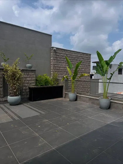 The strategic placement of large potted plants like the Bird of Paradise adds architectural height and a tropical feel to this modern terrace, contrasting beautifully with the grey brick wall.