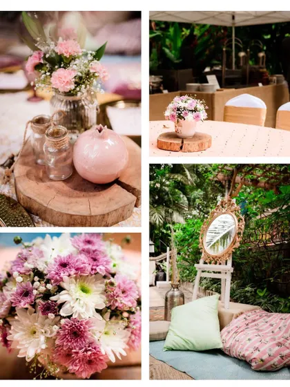 This collage showcases the key elements of my picnic setups: fresh floral centerpieces on wood slices, elegant mirrors, and cozy seating with plush cushions.