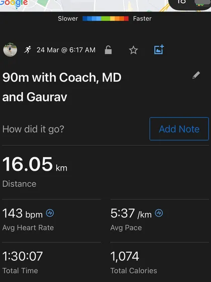 The data from a 90-minute, 16km run with me. The runner maintained a low heart rate even at a decent pace, showing a strong aerobic base.