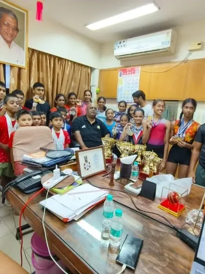 Our athletes meeting with Arvind Dada to celebrate their district-level victories. The constant support and motivation from our leadership are key to our gymnasts' confidence and continued success.