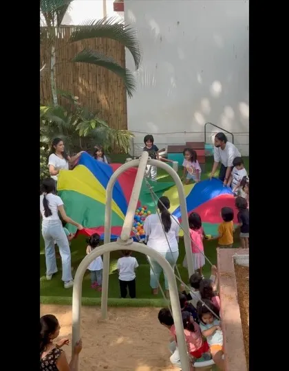 We celebrated Holi this year with a focus on color and community, while being mindful of the city's water shortage. The children had a blast with our colorful parachute, tossing balls and working together in a joyful, festive game.