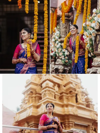A collage of a bride's portraits against a temple backdrop, capturing her various expressions and traditional attire.