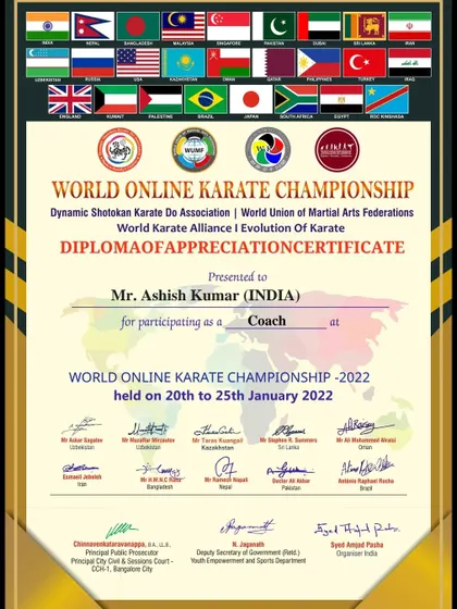 I was proud to receive this certificate of appreciation for my role as a coach in the World Online Karate Championship. It is an honor to be recognized on an international platform.