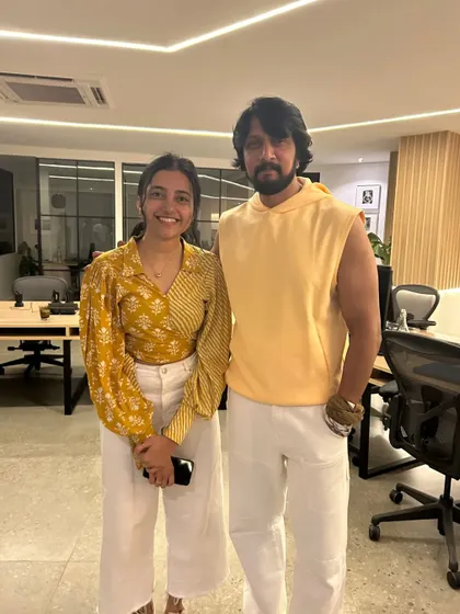 An unforgettable moment meeting the one and only Kiccha Sudeep sir. I was performing at an event for Hamsalekha sir's birthday and was so thrilled to see him there.