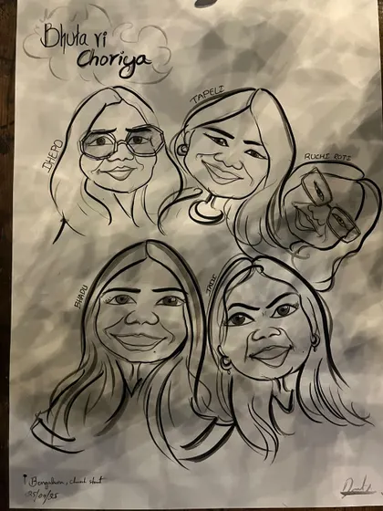 This group caricature, titled 'Dhula ri Choriya', shows how I can sketch multiple people together on one sheet.