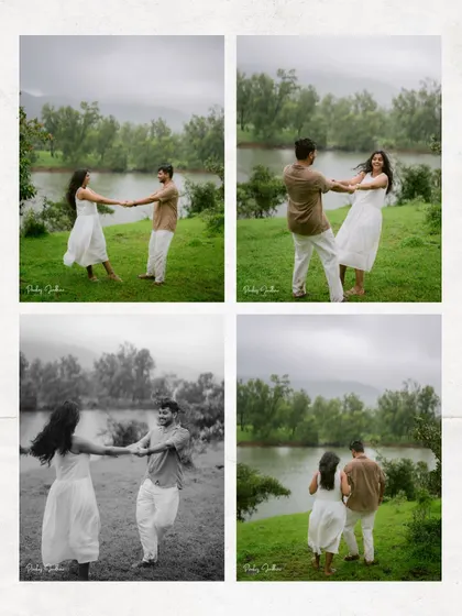 A collage of movement and joy. This series of four images captures the fun and playful dynamic of the couple as they dance by the lake during their pre-wedding session.