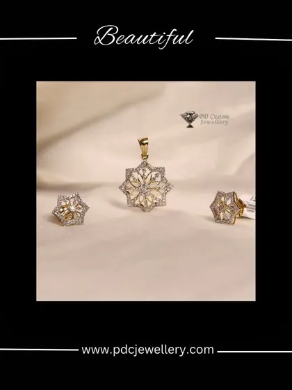 A beautiful star-shaped or floral diamond pendant set in 18kt hallmarked gold. This intricate design is perfect for adding a touch of sparkle to any outfit.