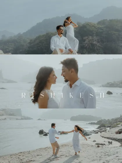 A triptych of images from a serene pre-wedding shoot in Rishikesh, capturing the couple against the majestic mountain and river landscape.