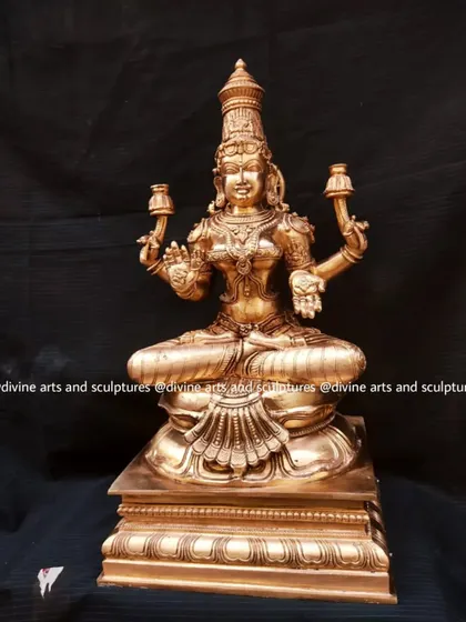 A full frontal view of the 18-inch Lakshmi, her polished form shining with divine energy. She is the eternal consort of Vishnu and the source of all abundance.