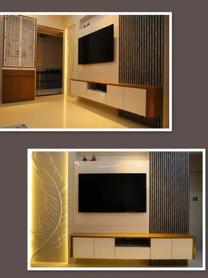 A before-and-after collage of the TV unit, illustrating the transformation from a simple concept to a beautifully executed feature wall.