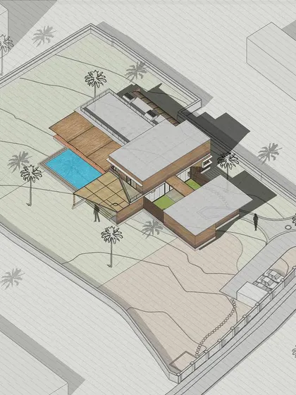 An isometric view of a modern farmhouse concept. This layout prioritizes open living and a strong connection to the outdoors, with a clear separation of spaces and a large pool deck integrated into the landscape design.