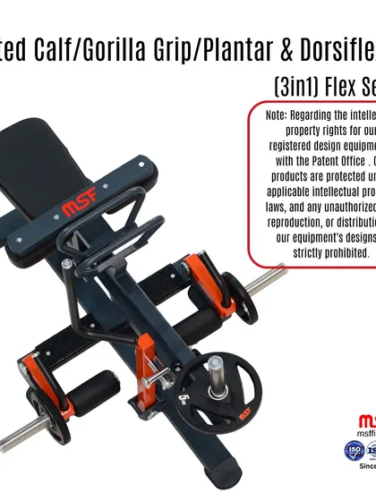 A detailed product shot of our patented 3-in-1 Flex Series machine, designed for Seated Calf, Gorilla Grip, and Plantar/Dorsiflexion exercises.