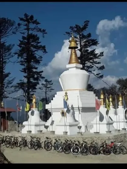 Our bikes parked in front of a classic white stupa in Bhutan. We explore not just the trails but also the rich culture of the places we visit.