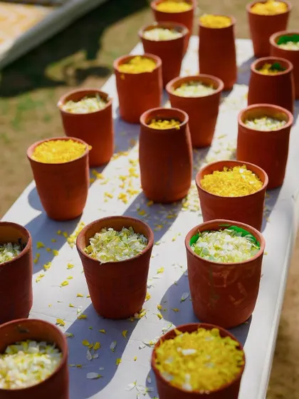 Terracotta kullads filled with flower petals, ready for guests to shower the couple during the haldi ceremony.