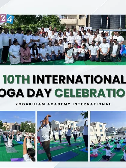 A collage summarizing our 10th International Yoga Day celebration, with photos of the group, various asanas, and the vibrant atmosphere of the event.