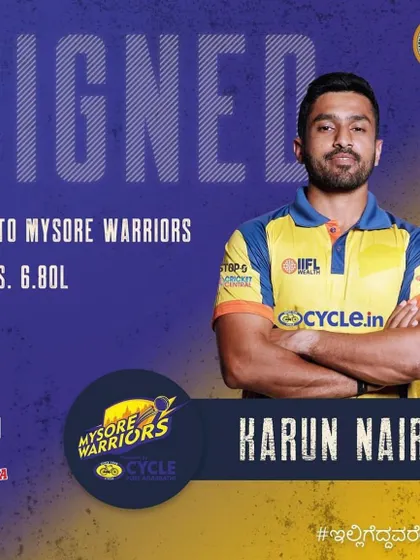Congratulations to Karun Nair, another of our professional athletes, on being signed to the Mysore Warriors.