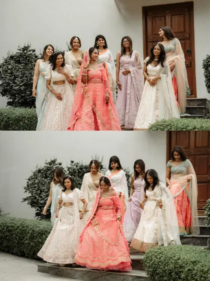 A bride with her bridesmaids, captured in both a posed and a candid moment, showcasing the fun and friendship.