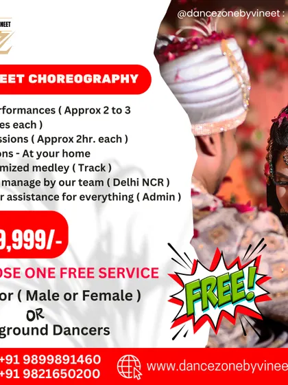 This is our comprehensive Sangeet Choreography package. It includes teaching 10 family performances, a custom music track, and full event management, with a free anchor or background dancers included.