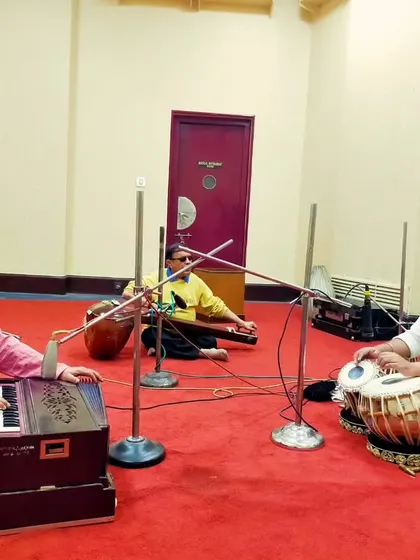 Recording a tabla solo for All India Radio, Akashvani Kolkata. This session involved playing complex compositions in different taals, accompanied by harmonium and tanpura in a professional studio setting.