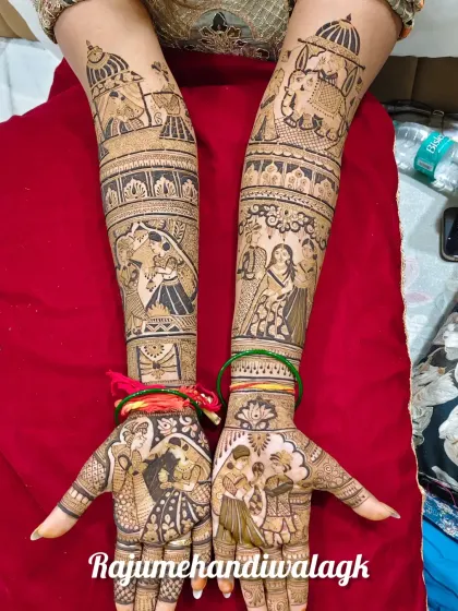 This is a very detailed design that captures multiple wedding moments, including the pheras, varmala, and family portraits, all in one continuous artwork from palm to elbow.
