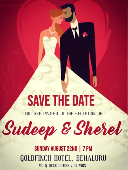 An invitation for a wedding reception where I handled both the MC and DJ duties. I can help guide the evening's events while keeping the music flowing.