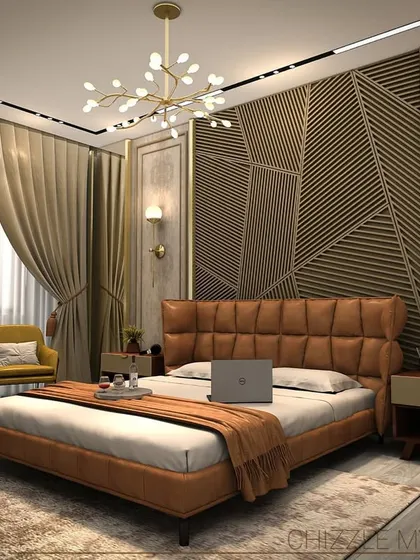 A 3D render of a bedroom design for a project in Jangpura, showcasing a luxurious tan leather bed and a geometric-patterned accent wall with gold trim.