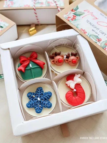 Another look at the four-piece 'Merry Christmas' tealight set. It's a perfect small gift or stocking stuffer.