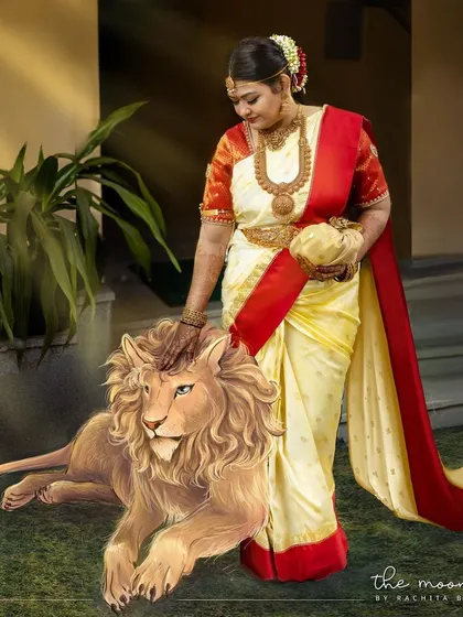 This piece blends photography with illustration, transforming a beautiful bride into a powerful goddess figure accompanied by her lion. It’s a concept I call 'Wedding Shenanigans', where I add a touch of myth and magic to real moments.