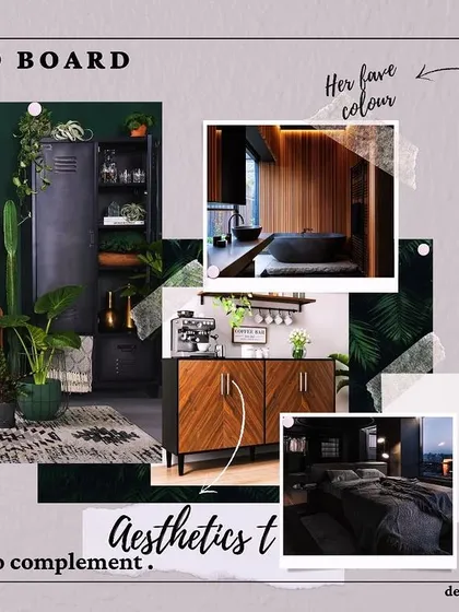 A mood board for a client who loves a minimalist design with a moody, dark green and black color palette, balanced with natural wood and textures.