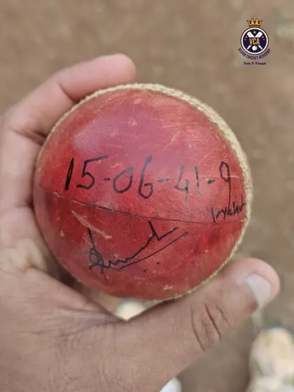 The match ball tells the story. The incredible figures of 9 wickets for 41 runs in 15 overs, signed by our coach Shreenesh Shah after his Kanga League performance.