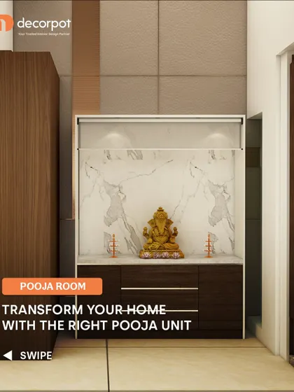 A sleek and modern pooja unit with a marble back panel and a dark wood cabinet. The design includes a rolling shutter, allowing the space to be concealed when not in use.