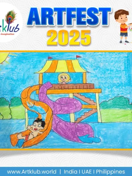 A fun day at the playground, with a character sliding down a colorful slide, by a junior artist.