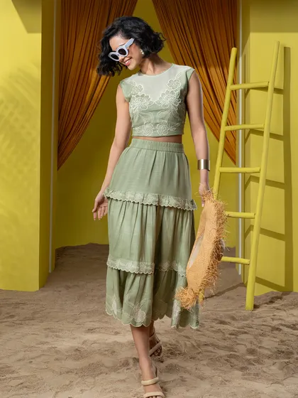 A dynamic shot capturing movement for Boho-Chic's tiered skirt set, showing how the garment flows.