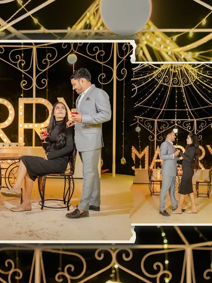 A beautifully edited collage of a couple enjoying the "Marry Me" light-up sign setup, creating a dreamy and celebratory atmosphere.