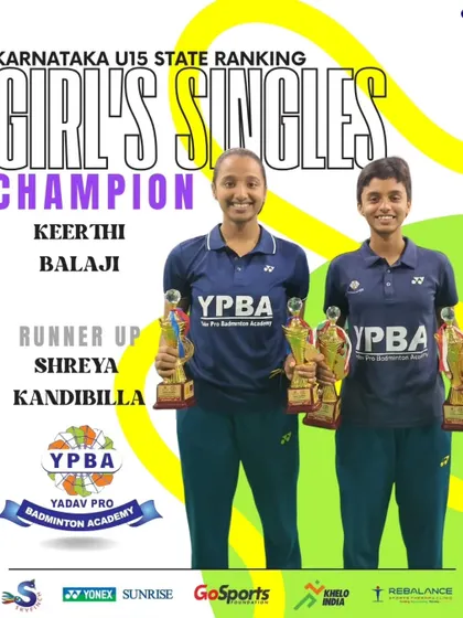 A clean sweep in the U15 Girl's Singles at the Karnataka State Ranking tournament, with our trainees Keerthi Balaji as Champion and Shreya Kandibilla as Runner-up.