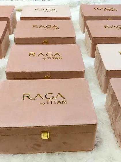 Another view of the multiple suede watch boxes for the Titan Raga launch. This project required meticulous attention to detail to ensure every single box was perfect for this high-profile collaboration.
