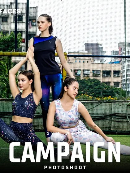 Three models in coordinated activewear pose dynamically on an urban turf field, showcasing a new collection for a gym wear brand. Our campaign photography captures the energy and performance of lifestyle brands in authentic, compelling settings.