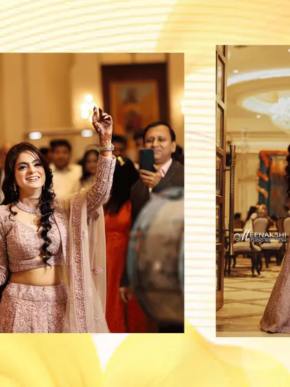 A collage capturing the bride's joyful dance and entrance at her engagement party. Her happiness is the central focus of these candid shots.