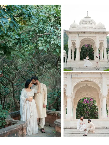 A collage of Rajat and Surbhi's shoot in a lush green setting, contrasting with their royal palace photos.