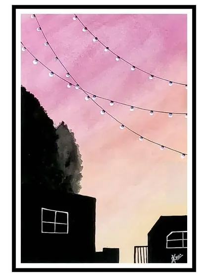 A painting of a sunset sky with fairy lights strung across buildings. The sky speaks in a thousand colors, and this piece captures the magic of twilight in the city.