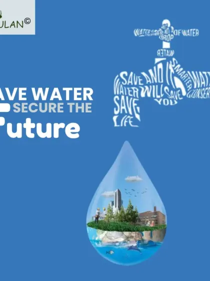 The words "Save Water, Secure the Future" form a water tap in this creative graphic. It visually represents our core belief that the actions we take to conserve water today are essential for a secure future.