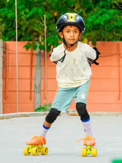 A young skater demonstrates perfect form. Join us this summer to learn the skills of balance, strength, and control.