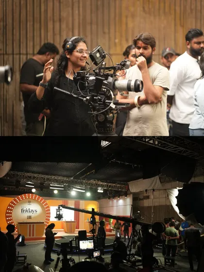 The camera and lighting setup for the CRED commercial. We used a multi-camera setup with extensive lighting rigs to achieve a polished, broadcast-quality look.