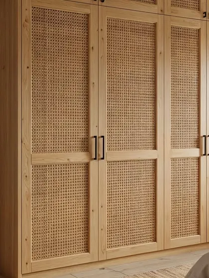 A close-up of the Japandi-style wardrobe, showcasing the beautiful texture of the woven rattan panels set within a light wood frame. This is a perfect example of how natural materials can elevate a design.