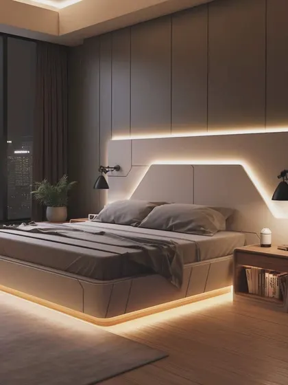 A futuristic bed design concept we developed. This features a unique geometric headboard with integrated backlighting and adjustable reading lamps, perfect for a client looking for a bold and contemporary bedroom centerpiece.