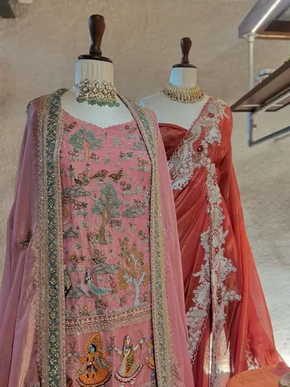 A showcase of traditional craftsmanship with a pichwai-inspired embroidered suit and a delicate organza saree. I love finding pieces that tell a story through their motifs and artistry.