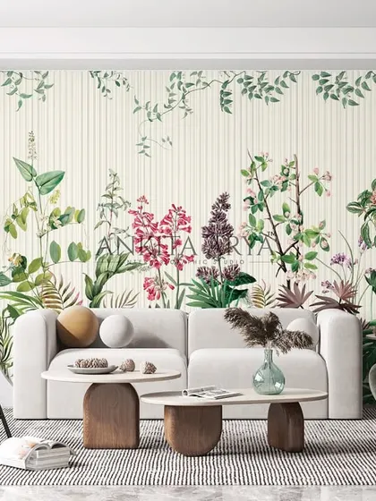 This garden-themed mural, designed for an informal living space, features a vibrant mix of foliage and birds. The design adds a cheerful, springtime feel and a personalized, creative touch.